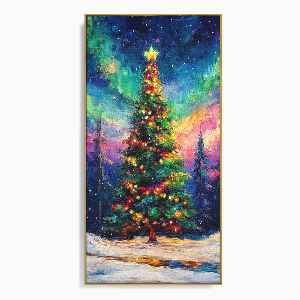 Tablou canvas cu tablou canvas cu brad de craciun si aurora boreala, in rama de aluminiu auriu
